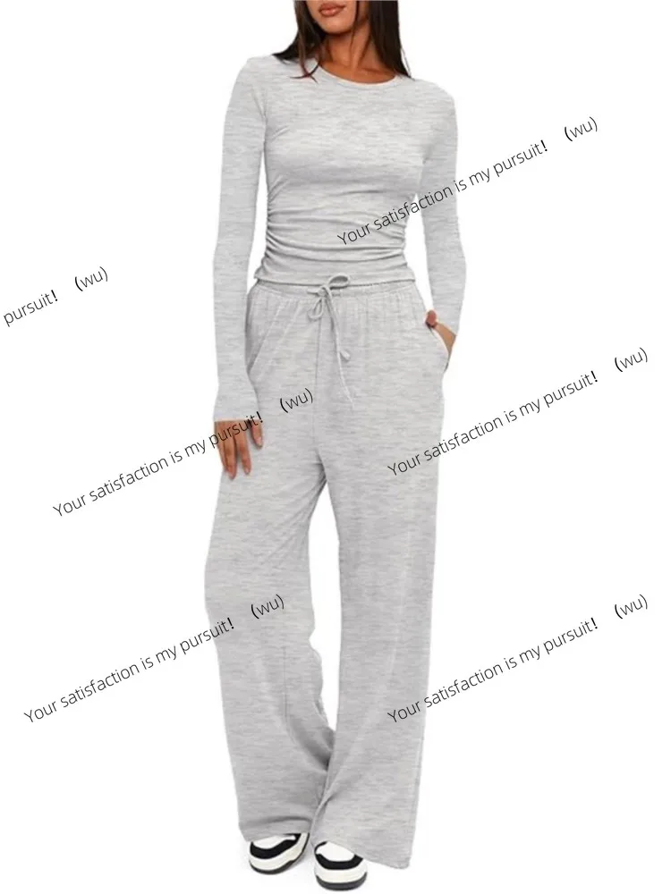

Pants Set For Women Slim Round Neck Long Sleeve Sweatshirt Drawstring High Waist Straight Trousers 2025 New Lady Two Piece Sets