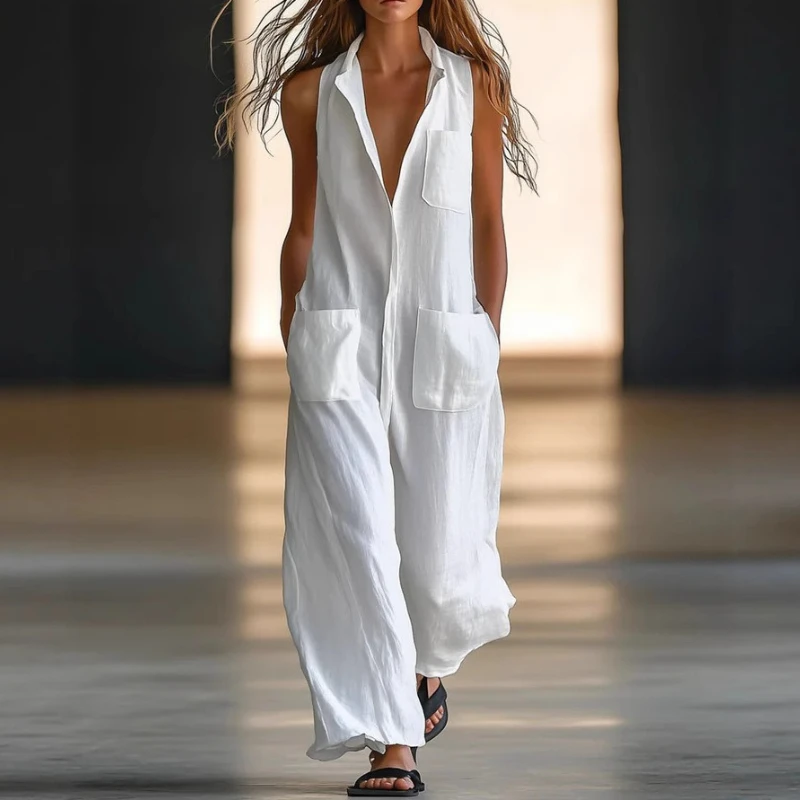 

Women'S Casual Loose Sleeveless Cargo Polo Buttons Wide-Leg Pants Jumpsuit Pockets Loose Casual Safari Hip Hop Romper Summer Y2K
