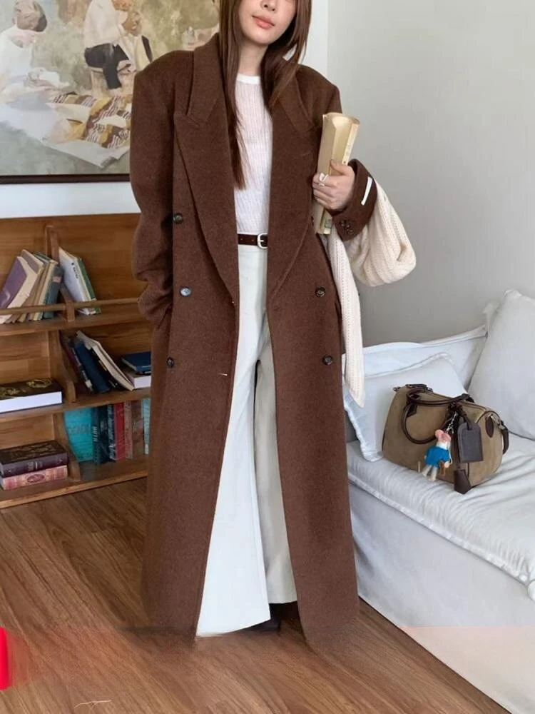 

Офисные женские шерстяные длинные куртки из альпаки, осень 2022, двубортные свободные повседневные женские длинные шерстяные пальто X-Long