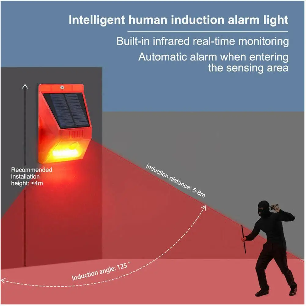 Lumière de sécurité solaire avec alarme LED, 4 modes, télécommande, IP65, étanche, capteur de mouvement PIR, lampe clignotante avec 129 DB