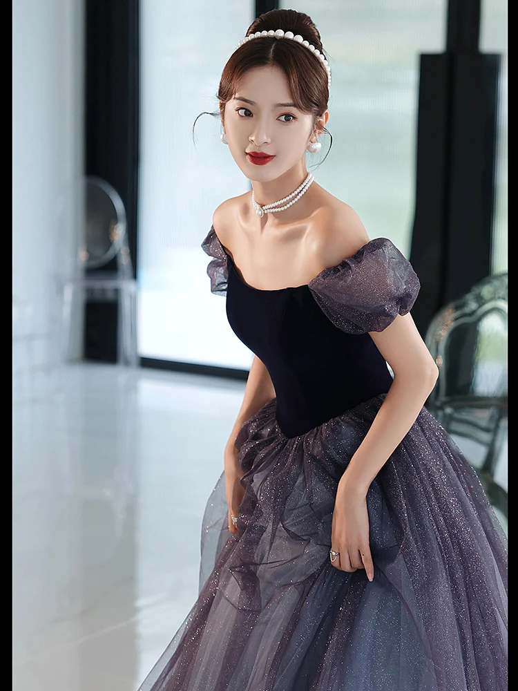 우아한 롱 퍼프 스커트 이브닝 드레스, 호스티스 드레스, 정장 볼 가운, 생일 파티 스커트, 우아한 솔리드 컬러 미드 웨이스트 지퍼 드레스