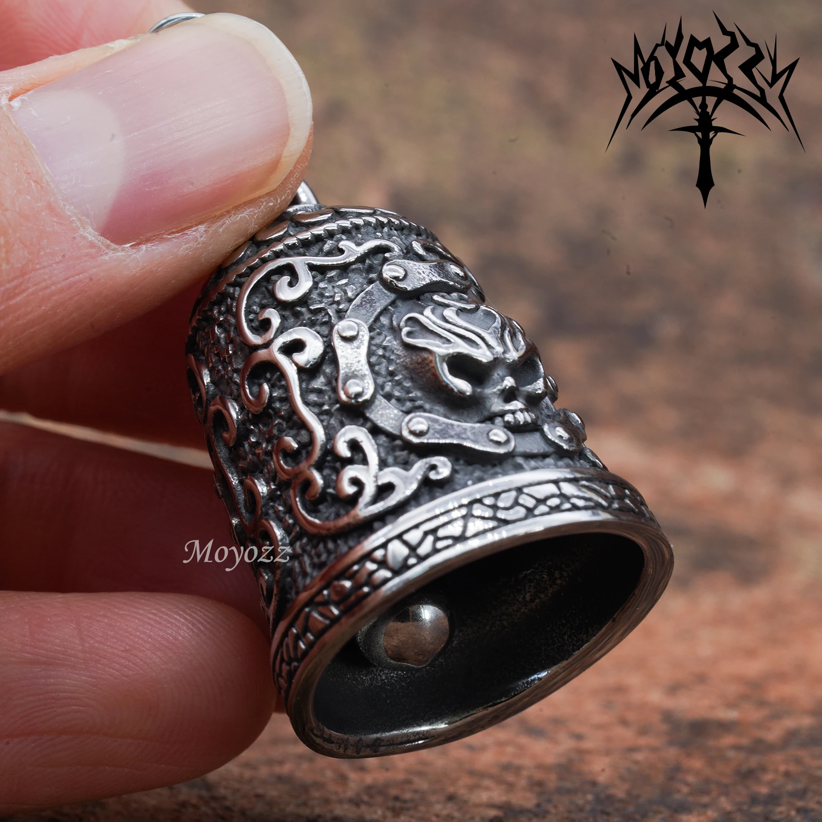 New Skull Motorcycle Guardian Bell Silver/Gold Men\'s Rock Hip Hop Party Stainless Steel Bell For Mens & FREE Bell Hanger