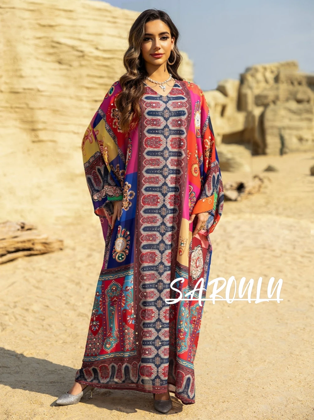 

Colorful Printing Ethnic Style Caftan Robe Loose V Neck Batball Sleeve Cotton Silk Beach Dress Vacation Spring Summer Wear