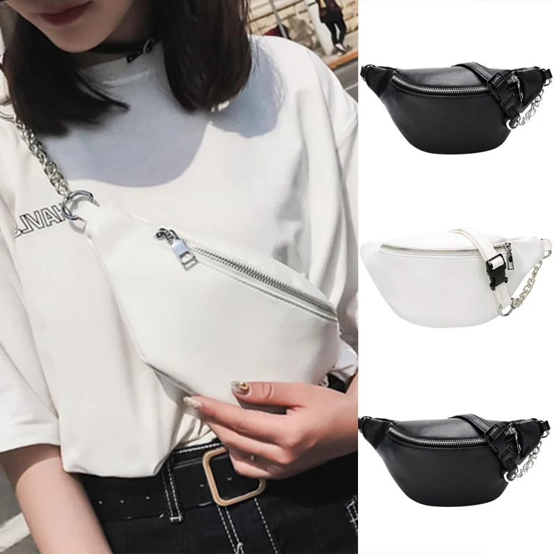 Women\'s Casual PU Waist Bag Chain Fanny Pack Travel Belt Purse Shoulder Bags Female Crossbody Bags Black/White