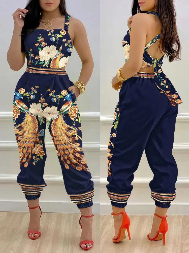 

Summer Fashion Printed Sleeveless Jumpsuits 2023 Sexy Hollow Backless Lace Up Long Jumpsuit Elegant Casual Jumpsuit With Pocket