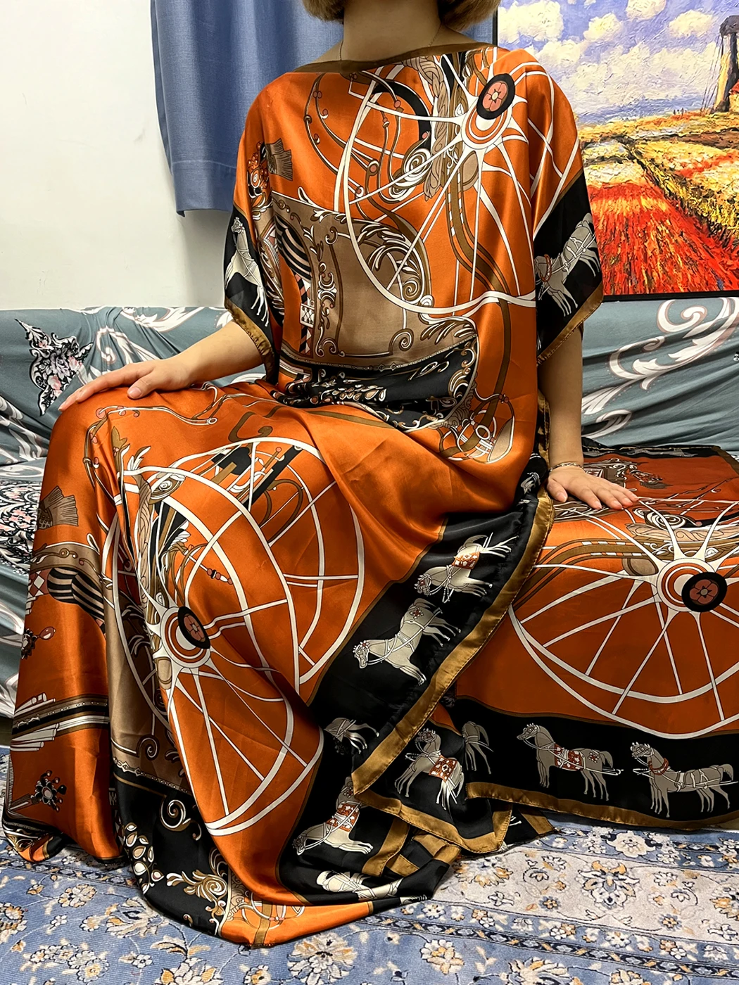 Muslim Abayas For Women 2023 Summer Fashion Print Silk African Dresses Loose Femme Robe Nigeria Islam Holidays With Headscarf