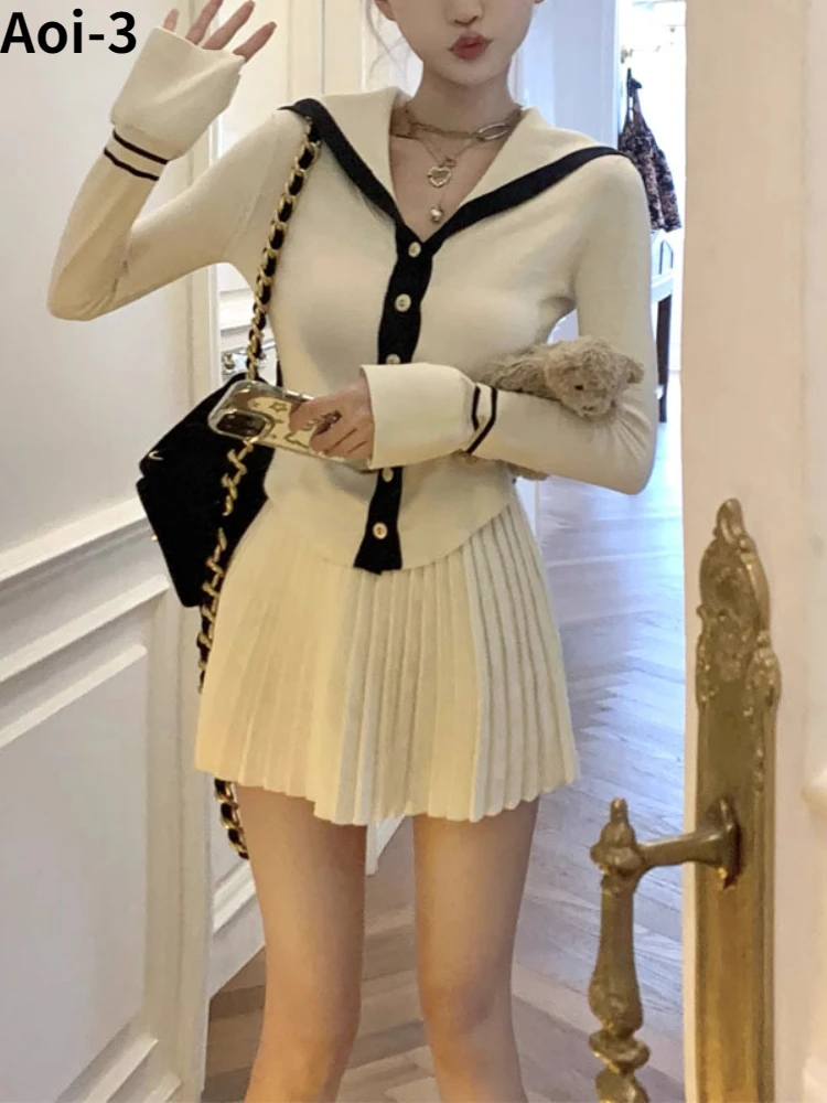 Navy Style Black White Knitted Suit Women 2024 Spring Autumn New Waist Sweater Top+Pleated Skirt Fashion Party 2-Piece Set