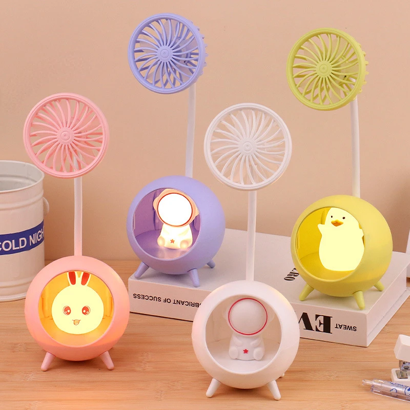 Cute Pet Astronaut Rabbit Desktop Fans USB Charging Lazy Fan Desktop Mini Fan Portable with Night Light Fan Student Travel  Fan