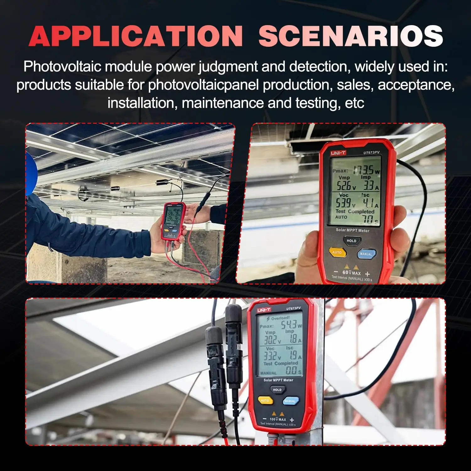 UT673PV solar MPPT Meter fotovoltaico Tester di potenza massima picco circuito aperto tensione cortocircuito corrente Pmax Lmp Voc Lsc Test