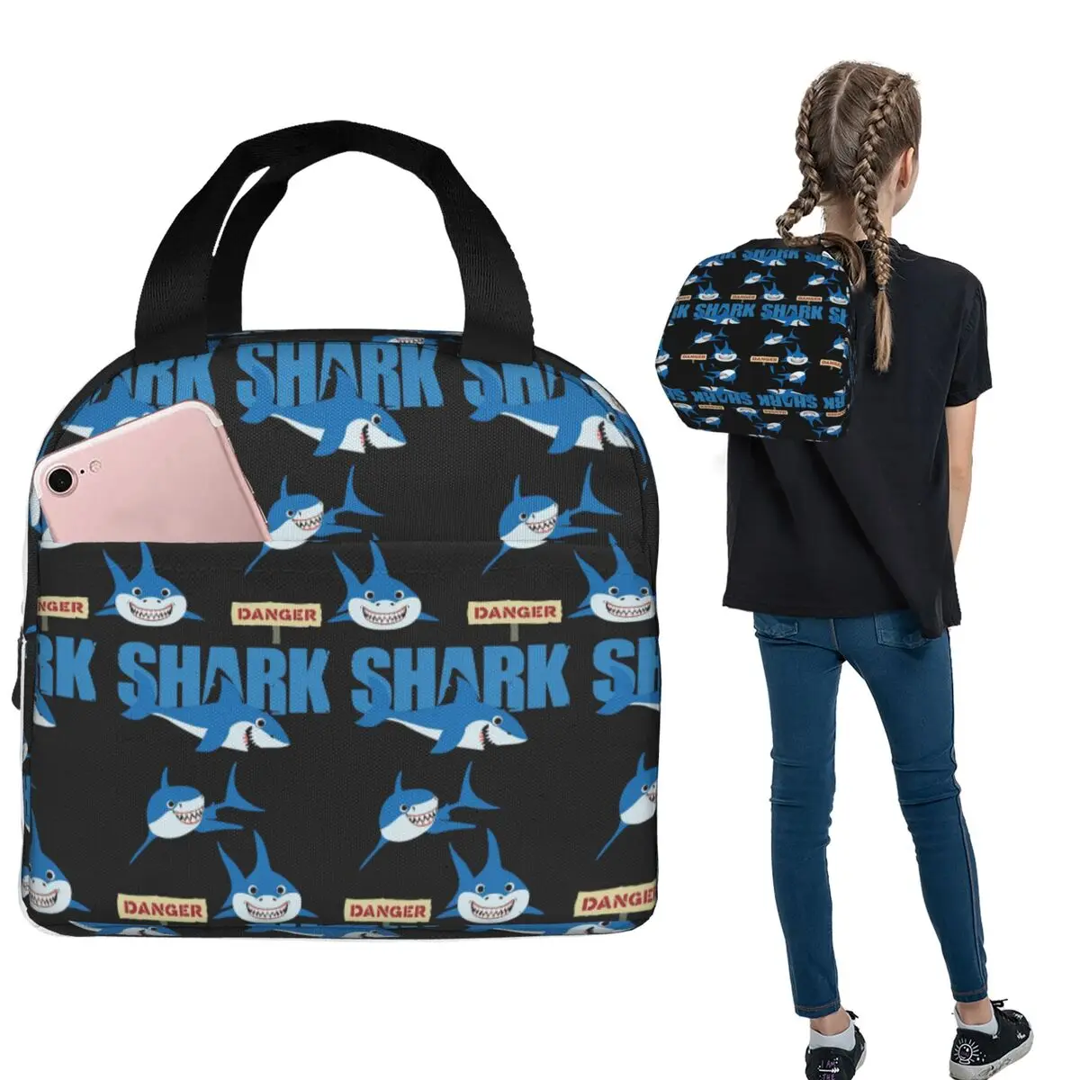 Funny Shark Danger - Crazy Sark Lady Insulated Lunch Bag for Women Children Leakproof Food Boxes Thermal Lunch Box Tote