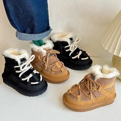 Botas infantis de couro de neve antiderrapante, sapatos de pelúcia quente, meninos e meninas infantis, moda, inverno, novo, 2023