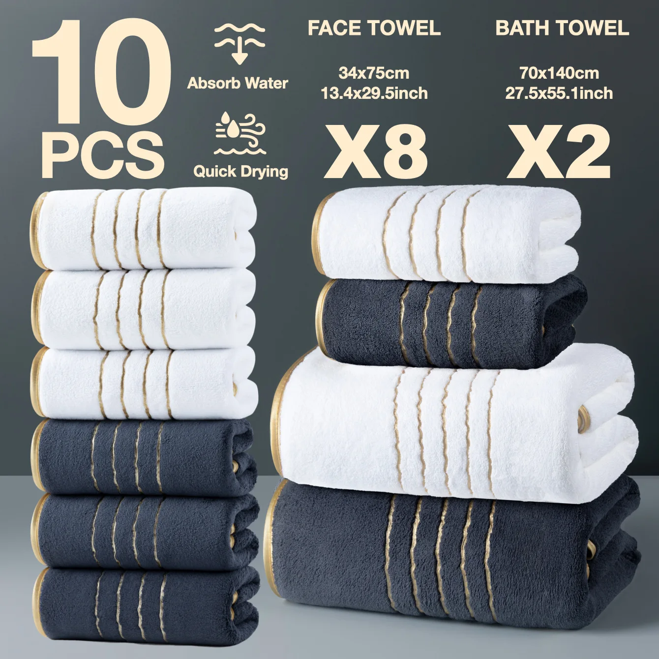 10Pcs Towel Set Coral Velvet  Absorbent Soft Quick Dry Beach Face Bath Towel Bathroom Home Hotel Travel Gym Supplies Gift