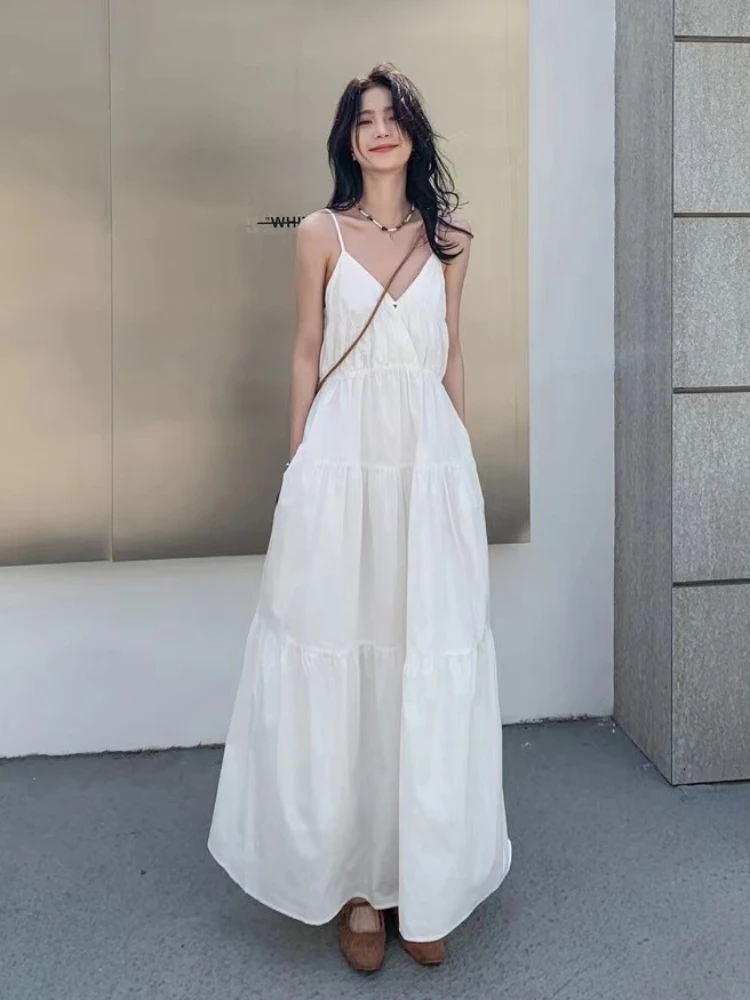 Summer Dresses Women Suspender Solid Korean Style Chic High Street Holiday Beach Hotsweet Simple Versatile Prevalent Cozy Maxi image 5