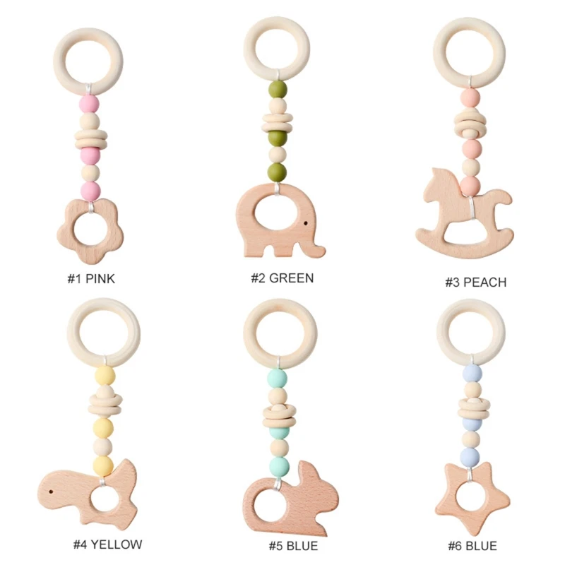 

Baby Gym Frame Pendant Wooden Ring Silicone Beads Teether Stroller Rattle Infants Newborn Teething Nursing Molar Toys