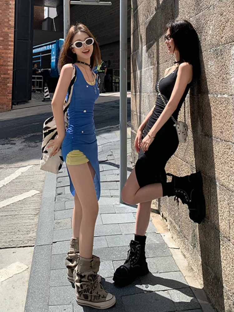 Summer Y2k Spicy Girl 2-Piece T-Shirt Dress Women's Streetwear Clothes 2024 New Sequin Double Layer Pleated Slim Fit Vest Skirt