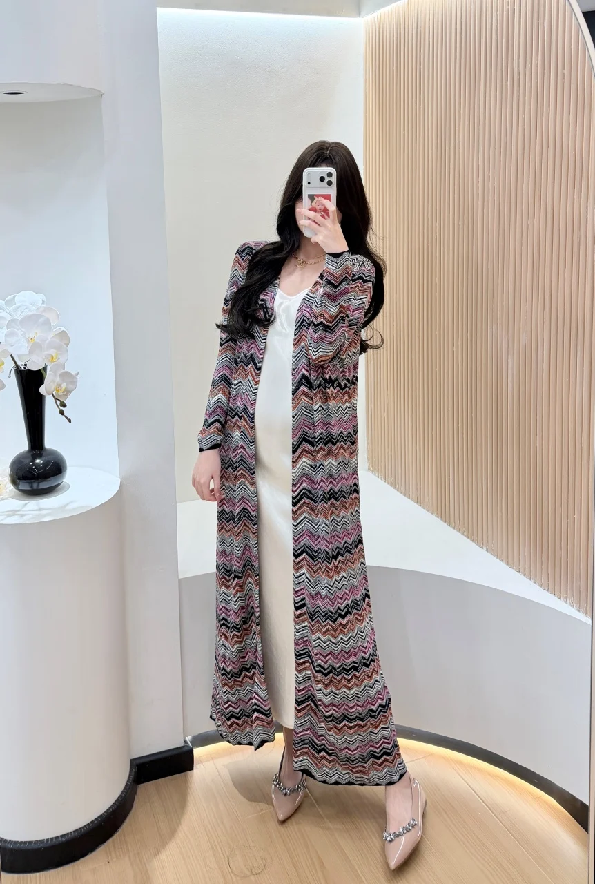 2026 New Women Long Coat Striped Knitted Loose Fit Casual Elegant Suitable for Vacation Female Clothing Evening Dress Jacket
