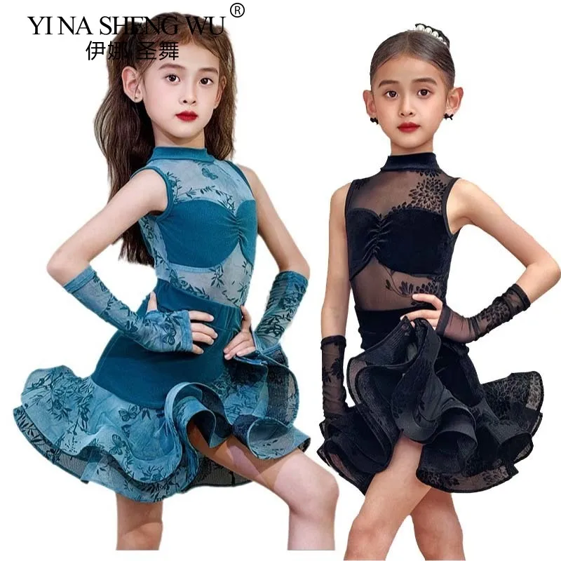 

Ballroom Lace Velvet Mesh Latin Dress Girl American Dance Rumba Cha Cha Samba Tango Costume Competition Practice Wear Kids Child