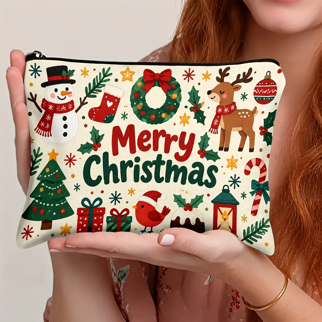Christmas Cosmetic Bag Snowman Reindeer Xmas Tree Wreath Print Zipper Makeup Pouch Portable Storage Bag for Women