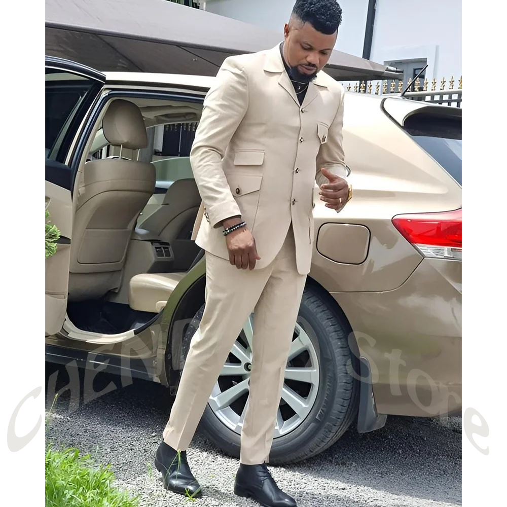 Beige Men Suit Two Piece Multi-Pocket Single Breasted Slim Fit Smart Casual Utility Style Daily Business Events Formal Outfit