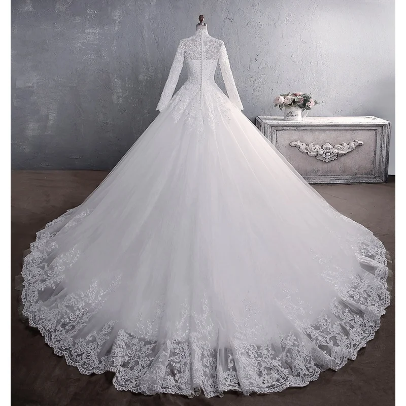 Wedding Dress Long Sleeve Muslimah Lace Bridal Stand Collar Large Tail Dinner Dresses Evening Ball Muslim Bride Gown L0001S