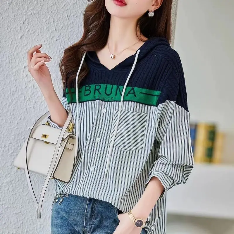 Spring and Autumn Women\'s Pullover Hooded Panel Button Striped Shirt Loose Fit Long Sleeve Knitted Sweater Fashion Elegant Tops