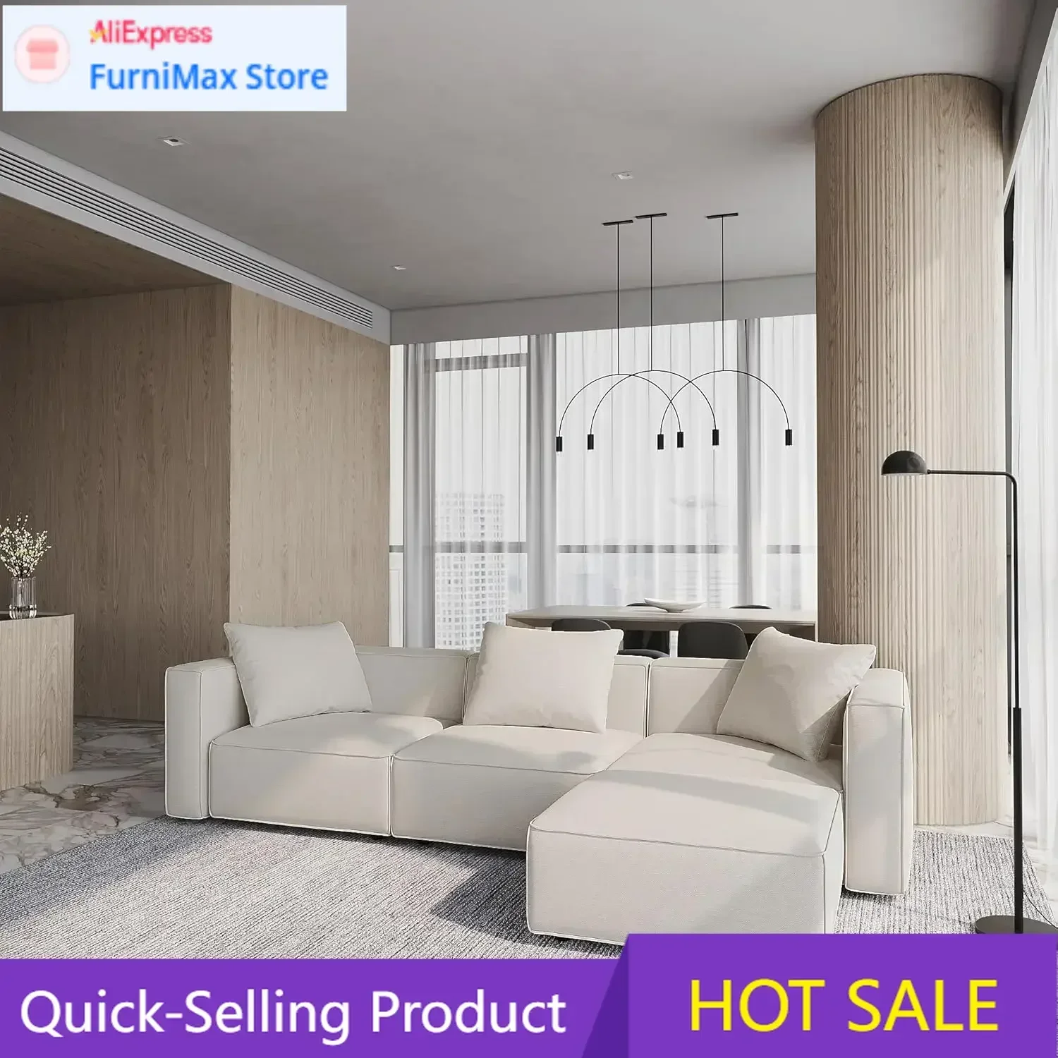 Luxury Modular Sectional Living Room Sofa Set, Modern Minimalist Style Couch with Ottoman and Chaise, L-Shape, Linen-Like Cream