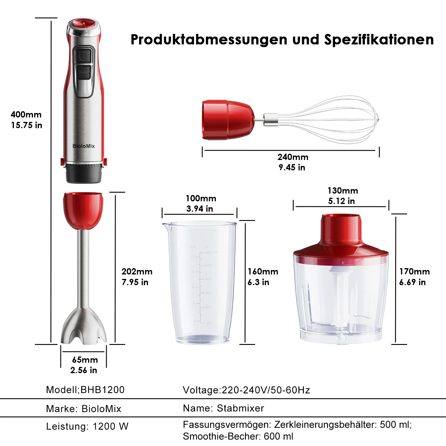 BioloMix Roter 1200 W 4-in-1-Stabmixer mit Zerkleinerer und Smoothie-Becher, Edelstahl-Tauchmixer für Babynahrung und Eiszerkleinerung – Detail 12
