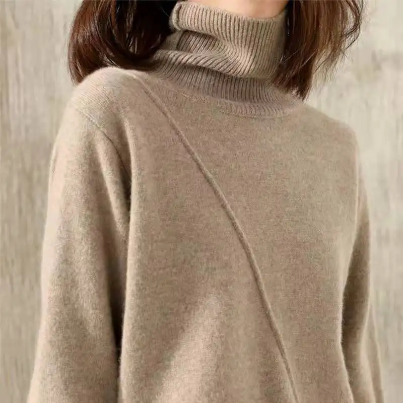 

Свободный вязаный кашемировый свитер с высоким воротником, женский, больших размеров, базовая модель, зимняя мода для женщин