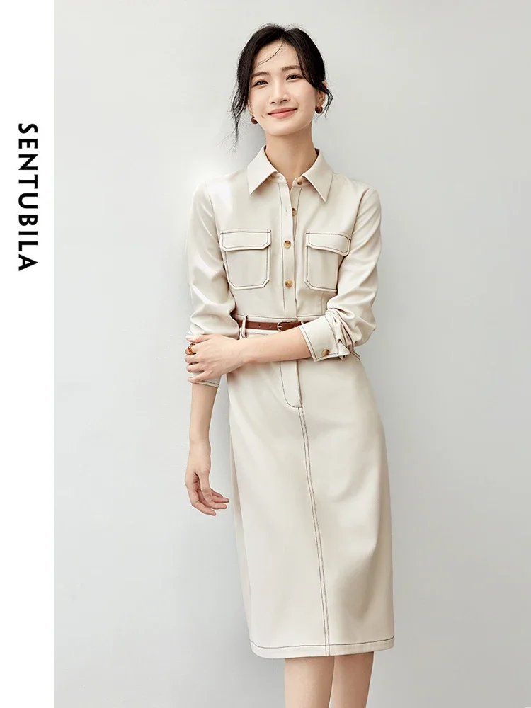 

SENTUBILA Straight Dress for Women 2024 Autumn Patchwork Sashes Turn Down Collar Long Sleeve Office Lady Simple Dress 143L56807