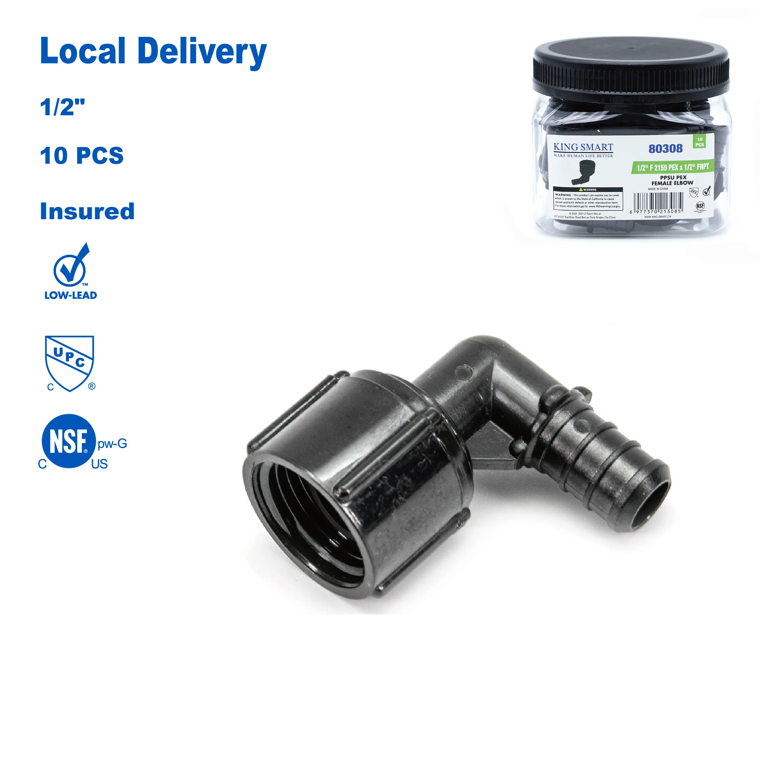 

KING SMART Crimp/F2159 PEX 1/2" * 1/2" FNPT PEX Женский локоть; 10 шт./корпус; PPSU; 80308