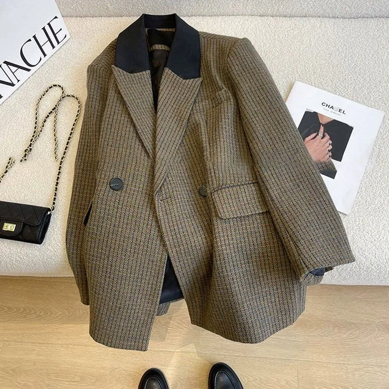 

plus Size 300 Pou Women's Casual Patchwork Suit Jaet Autumn Winter Loose Korean Sle Button up Coat for All Body pes