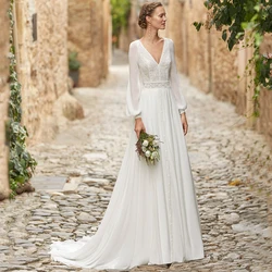 Elegant Boho Wedding Dress Long Sleeve Chiffon Lace V-Neck Illusion Back A-Line Floor Length with Button Sweep Train Custom Gown