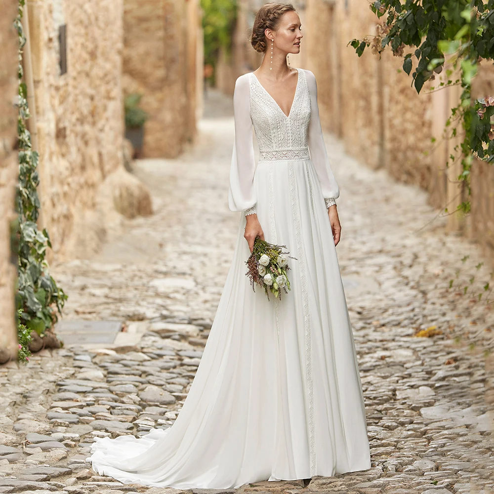 Elegant Boho Wedding Dress Long Sleeve Chiffon Lace V-Neck Illusion Back A-Line Floor Length with Button Sweep Train Bride Gown