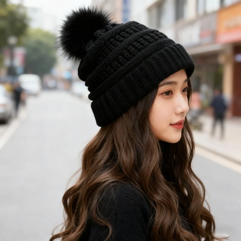 

Synthetic Wig Hat one-piece Female Black Beanie With Big pom-pom Hair Colorful Hair With Cap Long Curly Hair Cap Fashion Cap Wig