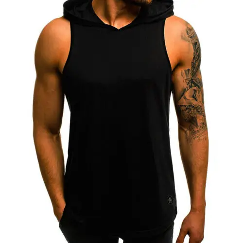 Solid Color Casual Men Muscle  gym Hoodie Tank Top  Letter Loose cotton Bodybuilding Sleeveless Vests Hooded Men T-shirt