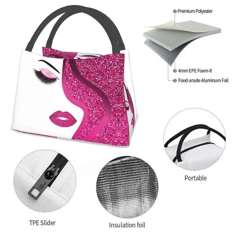 Eyelash Makeup With Pink Glitter Insulated Lunch Bag for Camping Travel Lashes Artist Waterproof Cooler Thermal Lunch Box Women