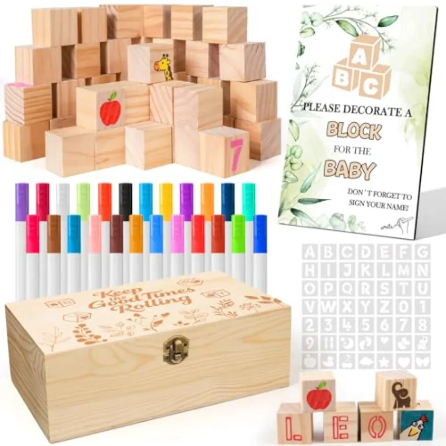 

Набор для игры с деревянными блоками для малышей, 119 шт., в деревянной коробке и с декоративной квадратной табличкой, 44 заготовки деревянных блоков для самостоятельной росписи, 24 цветных маркера, 49.