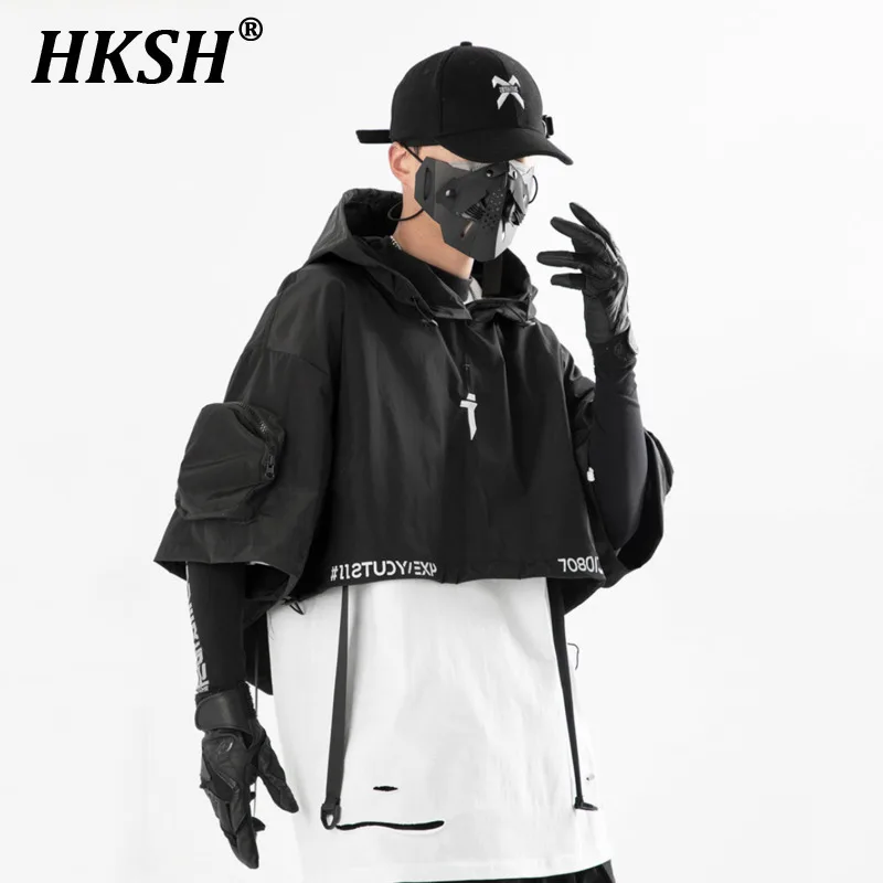 HKSH Heavy Industry Spring Summer New Men\'s Dark Waistcoat Functional Punk Hooded Shawl Loose Casual Hip Hop Short Sleeve HK0185