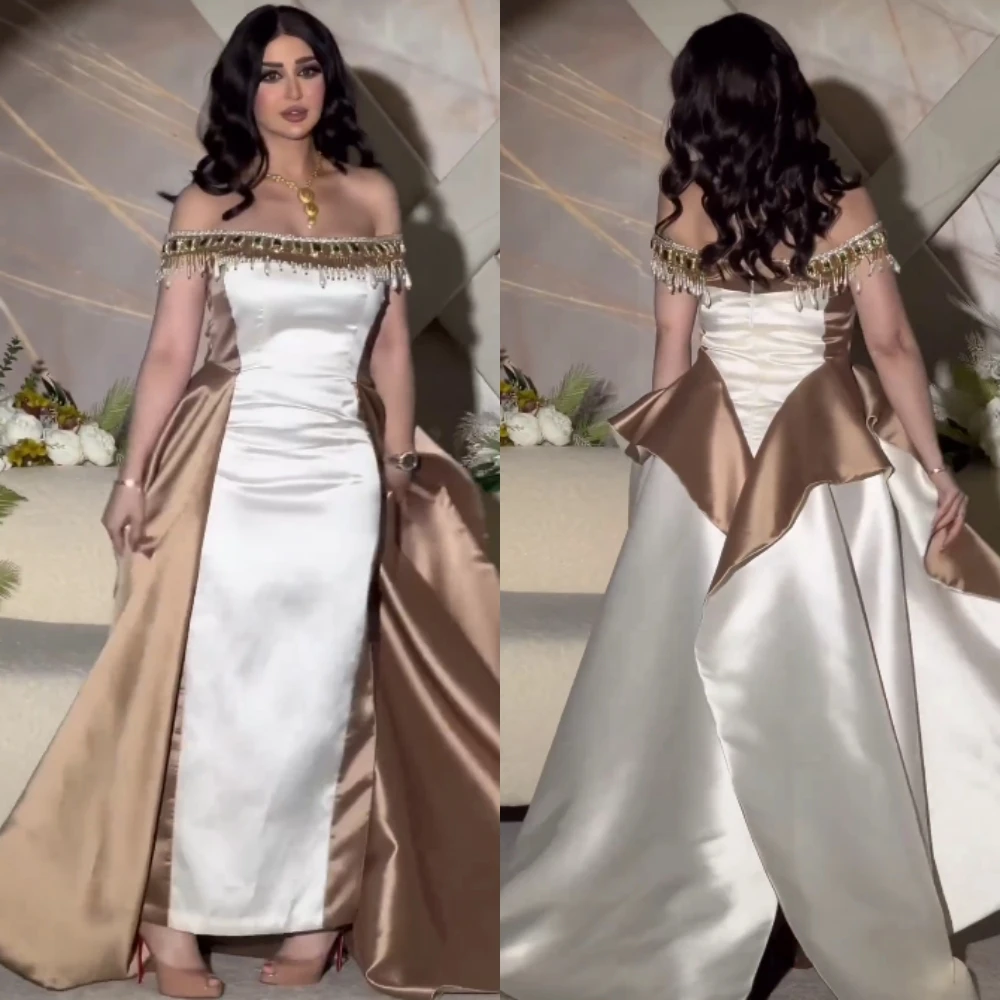 

Customized Satin Pearl Rhinestone Christmas Sheath Off-the-shoulder Bespoke Occasion Gown Midi Dresses Saudi Arabia