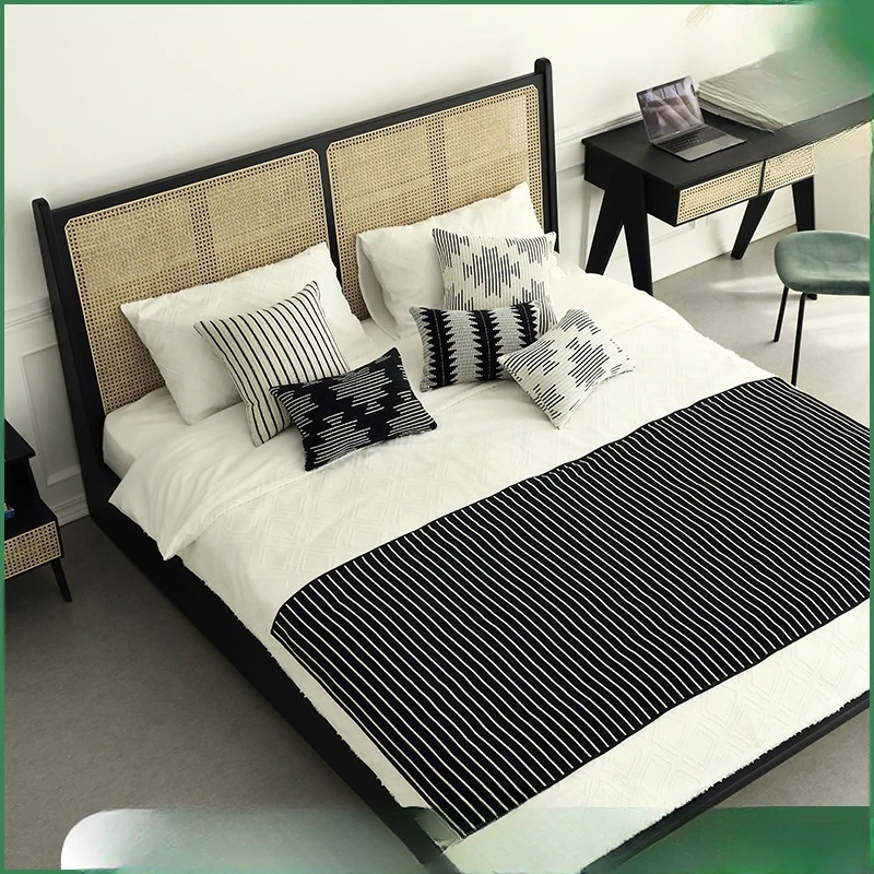 The product can be customized.Modern minimalist classic black design bedroom rattan woven white wax wood frame 1.8m