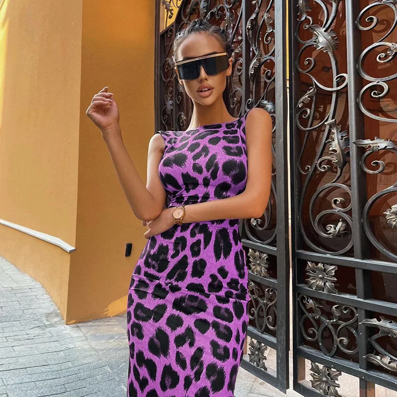 2024 Spring Summer New Style Leopard Print Tank Top Open Back Mid length Dress European and American Style Tight Long Skirt
