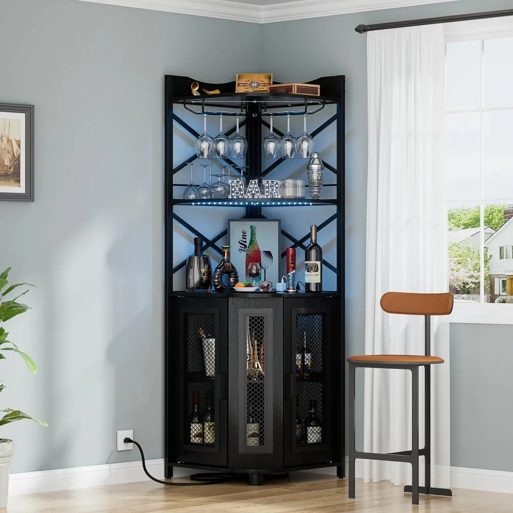 

Adjustable Industrial Wine Cabinet with LED Light Strip and Glass Stands, Black, Wood and Steel
