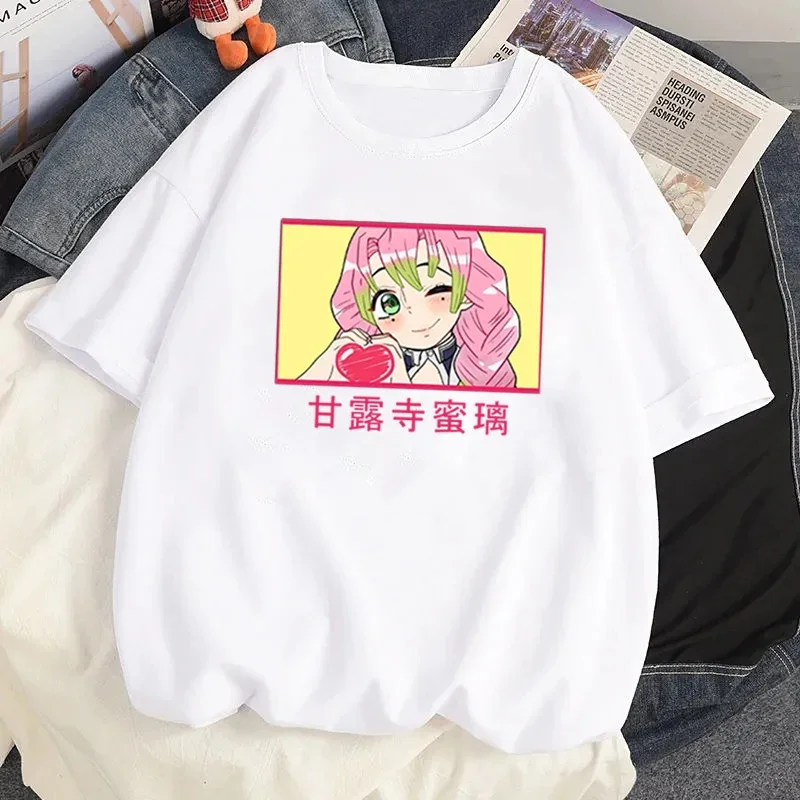 Camisetas holgadas con estampado de dibujos animados para mujer, camiseta negra de Anime, camiseta de Demon Slayer, Kanroji Mitsuri Yaiba, ropa estampada de verano