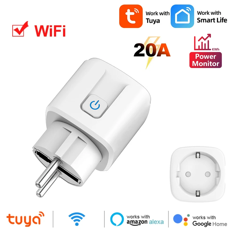 Tuya WiFi Smart Plug EU Smart Socket Power Outlet 20A With Energy Monitor Timing Smart Life Control Works with Alexa Google Home