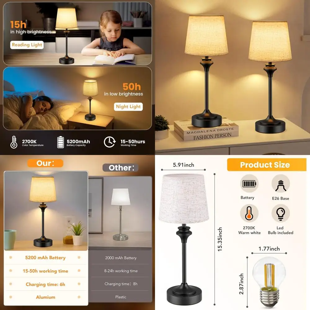 مجموعة من مصابيح طاولة NIORSUN اللاسلكية، تعمل بالبطارية، تعتيم ثلاثي الاتجاهات، ضوء أبيض دافئ، تحكم باللمس، مناسبة لغرف النوم، L