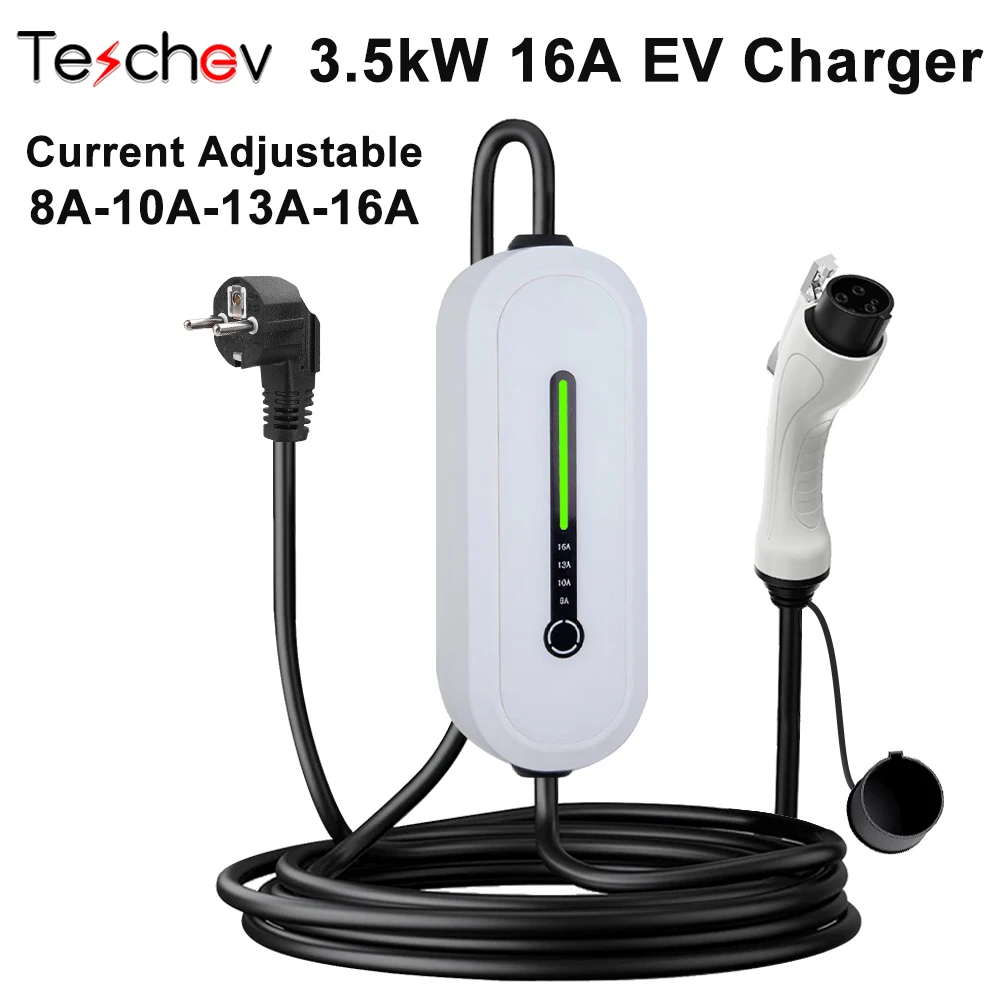

Teschev 3.5KW Portable EV Charger Type2 /GBT Plug 16A 1Phase 110~250V Type1 3.5m Wallbox Charging Station for Electric Vehicle