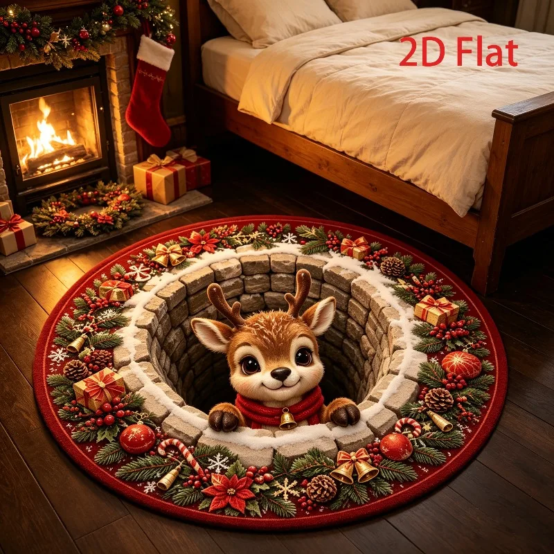 Christmas Round Rugs for Living Room Cute Reindeer Optical Illusion Bedroom Bedside Floor Mat Festival Decor Carpet Soft Plush