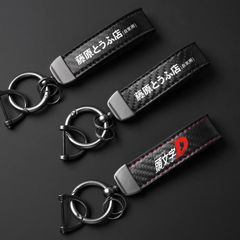 High-Grade Carbon Fiber leather Double Sided Embroidery Initial D Fujiwara Tofu Store Motorcycle Keychain Holder Keyring