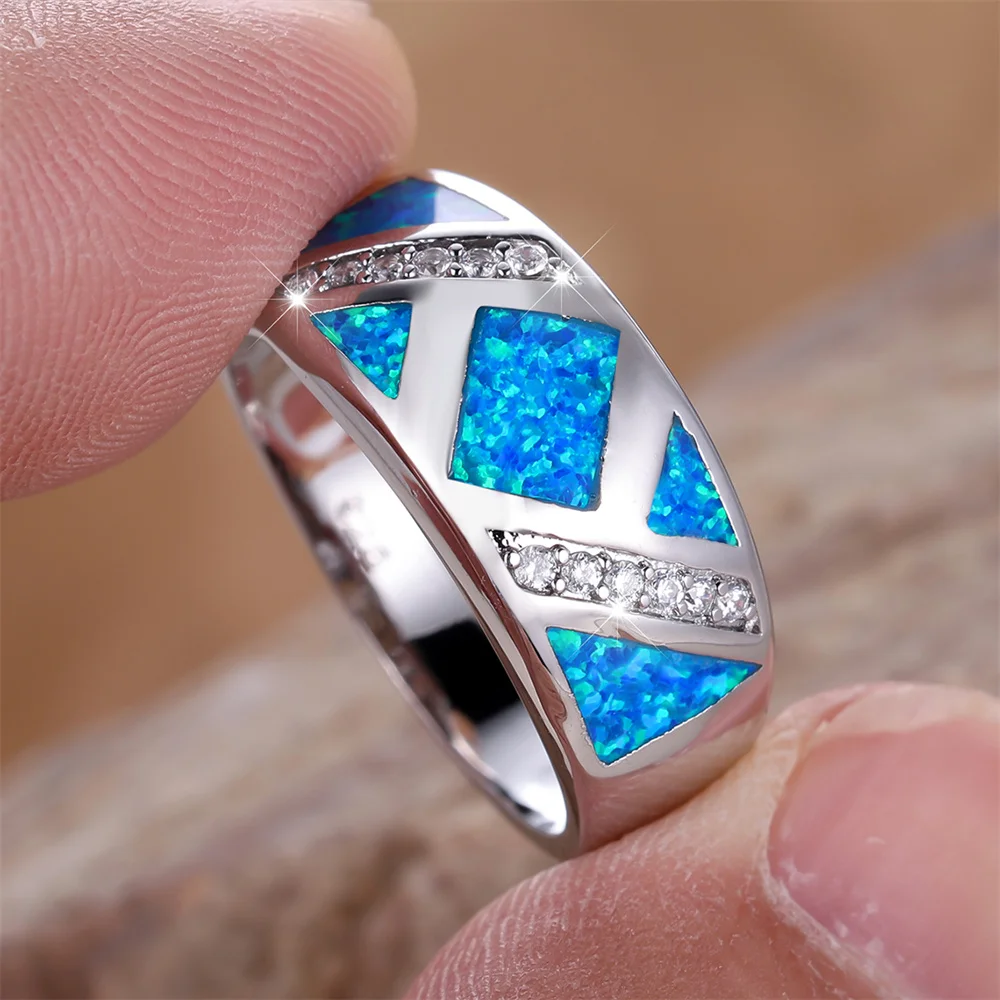 Square Stone Blue Opal Engagement Rings For Women Trendy Silver Color Wedding Band Fashion Jewelry