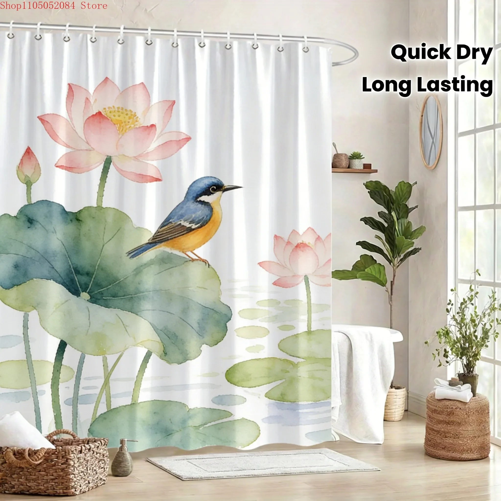 Blue Bird on Pink Lotus Leaves Quick Dry Waterproof Shower Curtain for Bathroom
